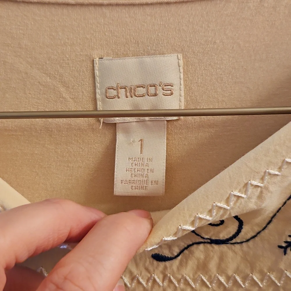 Chico’s Embroidered Tan Tiered Caftan Blouse, M/L, Boho, Floral, Festival - Picture 3 of 10